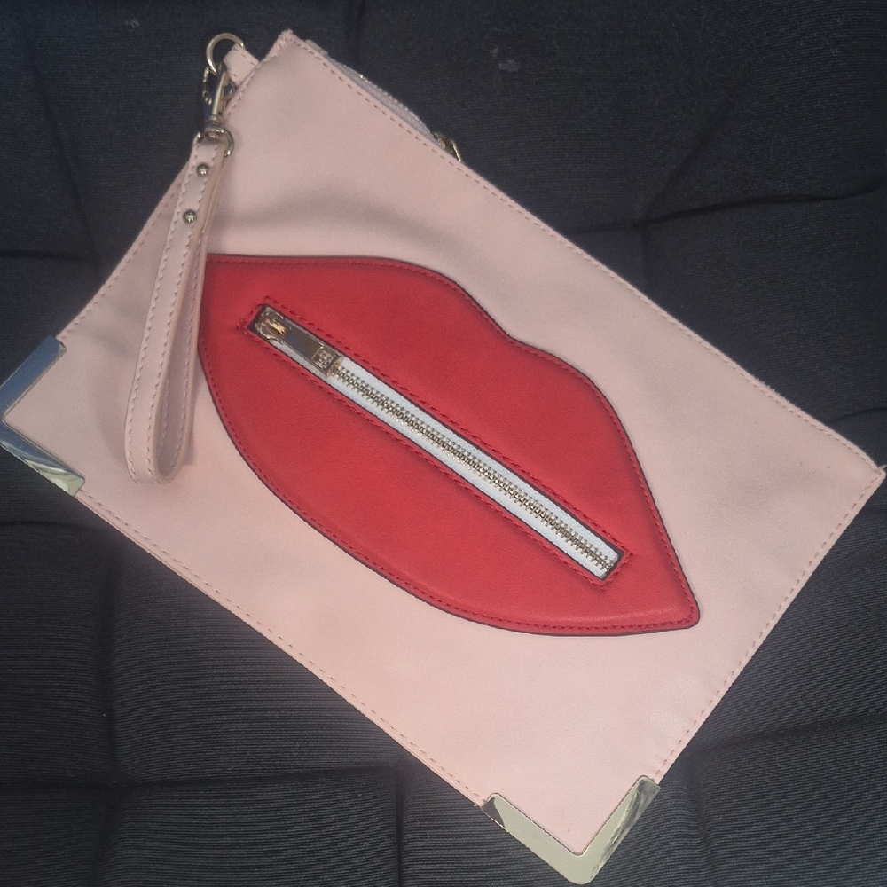 Pink Wristlet Clutch with Red Lip Accent
